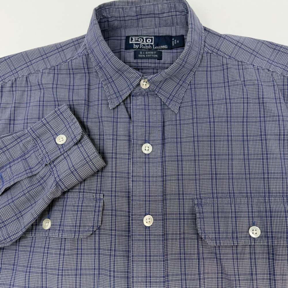 Polo Ralph Lauren GI Shirt Mens Small Blue White Micro Check Utility Button Down
